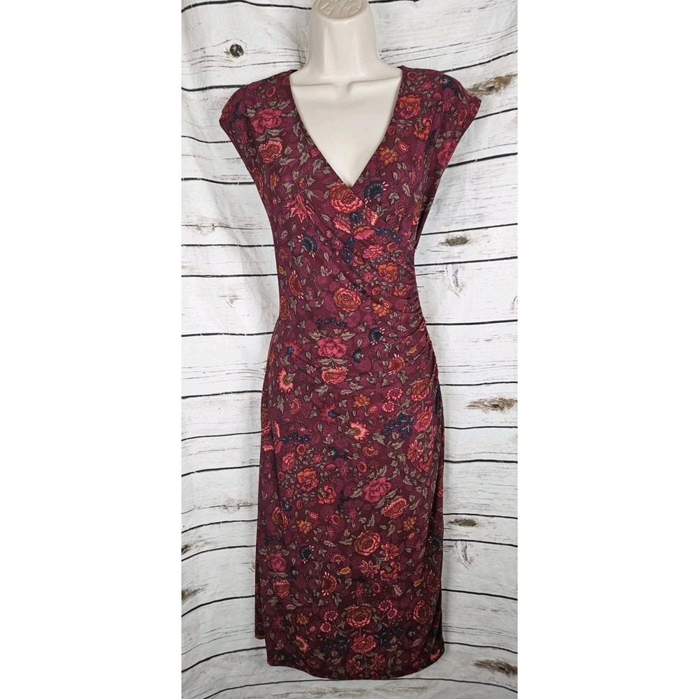 Vintage 90s Ralph Lauren Wine Faux Wrap Floral Dress M Boho Ruched Y2K